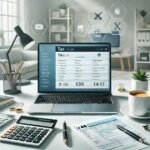 A modern and professional scene showing a desk setup with a sleek laptop displaying a tax software interface, surrounded by essential tools like a calendar for Tax preparation software for 2025