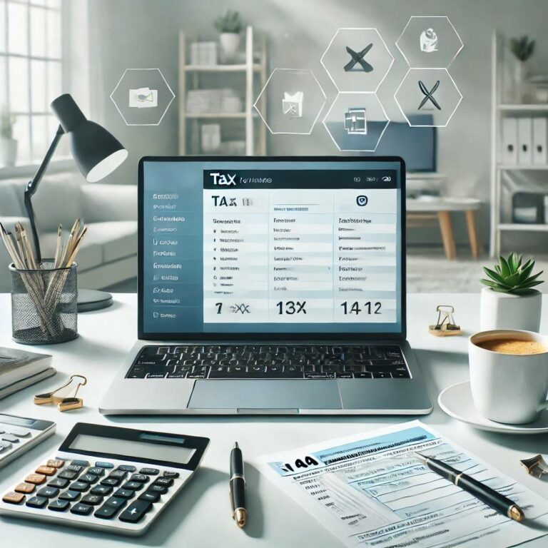A modern and professional scene showing a desk setup with a sleek laptop displaying a tax software interface, surrounded by essential tools like a calendar for Tax preparation software for 2025