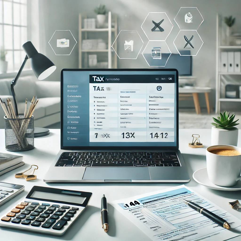 A modern and professional scene showing a desk setup with a sleek laptop displaying a tax software interface, surrounded by essential tools like a calendar for Tax preparation software for 2025