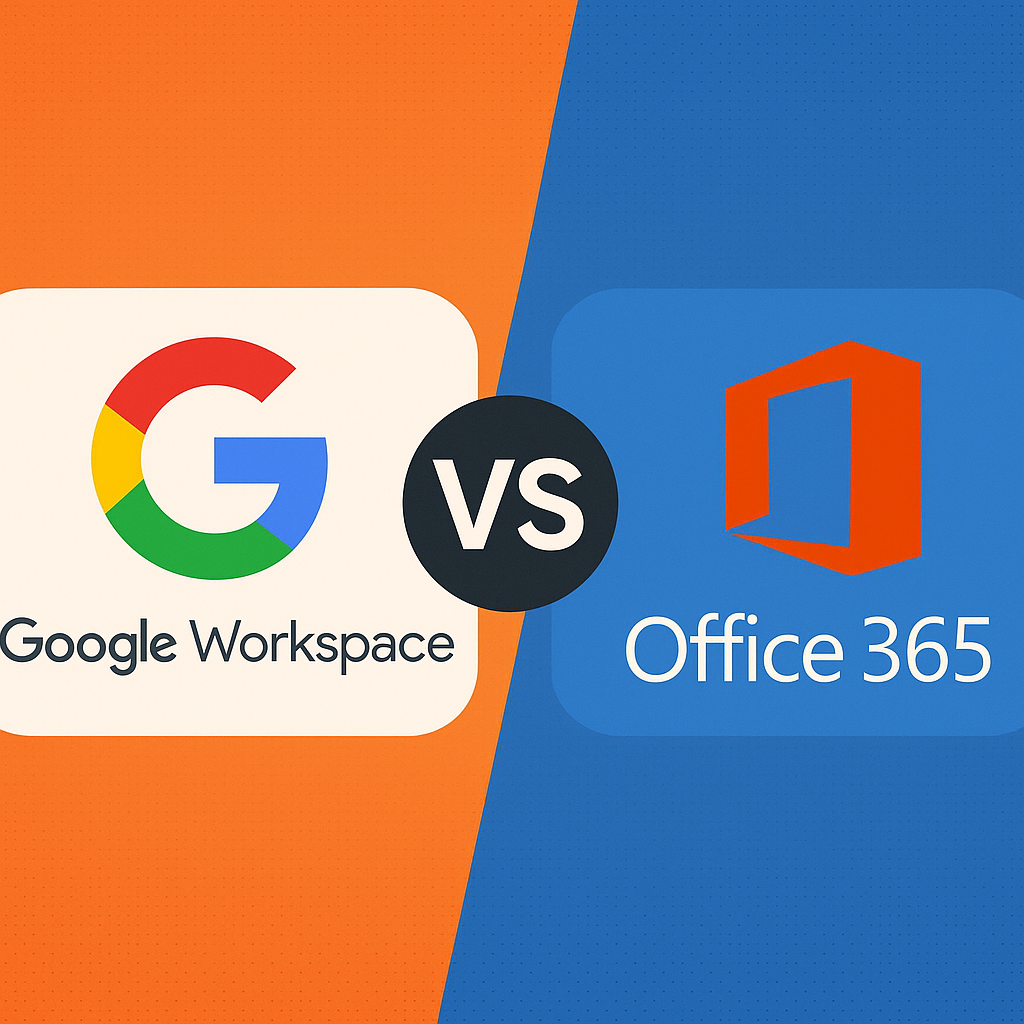 Comparison graphic of Google Workspace vs. Office 365, featuring the logos of both platforms with a contrasting orange and blue background, emphasizing the differences between the two productivity suites