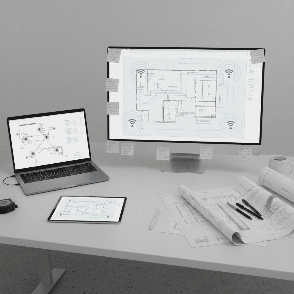 IT infrastructure planning with floor plans, Wi-Fi access point placement, and network design diagrams